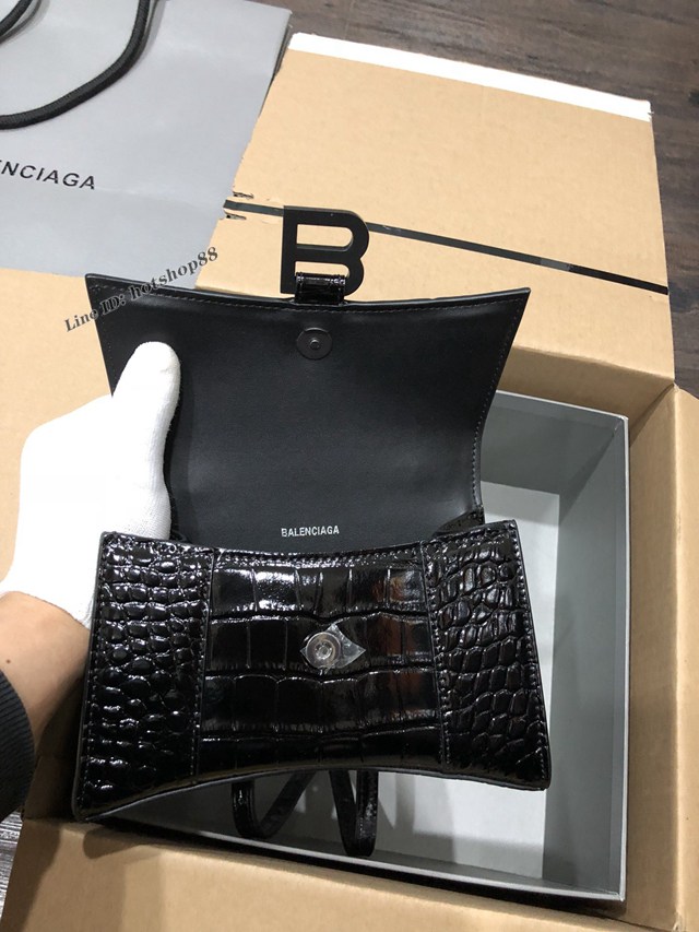 Balenciaga專櫃爆款小號手提女包 巴黎世家鱷魚黑色黑扣Hourglass沙漏包 fyj1629